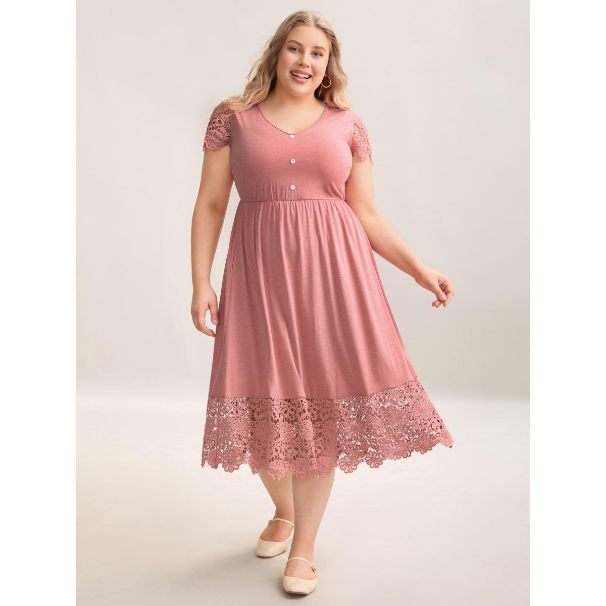 Plus Size Stretchy Waist Lace Pockets Midi Dress DustyPink Women Elegant Woven ribbon&lace trim Knit Dresses Bloomchic 22-24/3X Product Image
