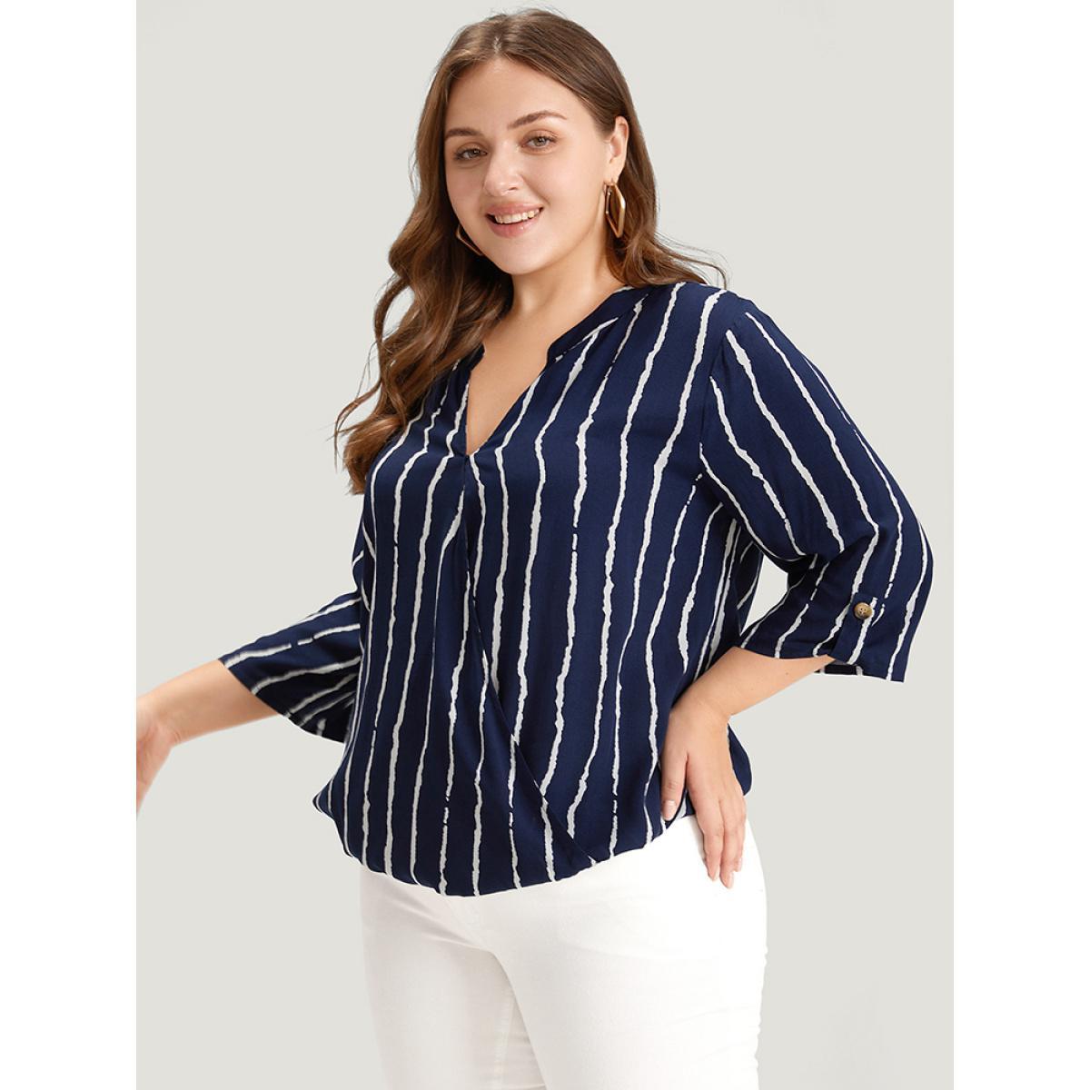 Plus Size Multicolor Striped Notched Three Quater Length Sleeve Blouse Women Office Elbow-length sleeve Notched collar Work Blouses BloomChic 12/L Product Image