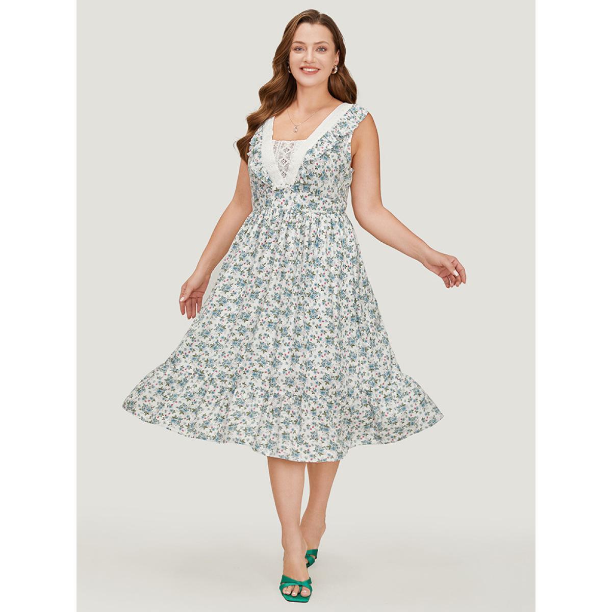 Plus Size Ditsy Floral Ruffles Pocket Empire Waist Crochet Lace Tank Dress WhiteSmoke Women Elegant Gathered V-neck Sleeveless Curvy Midi Dress BloomChic 26/4X Product Image
