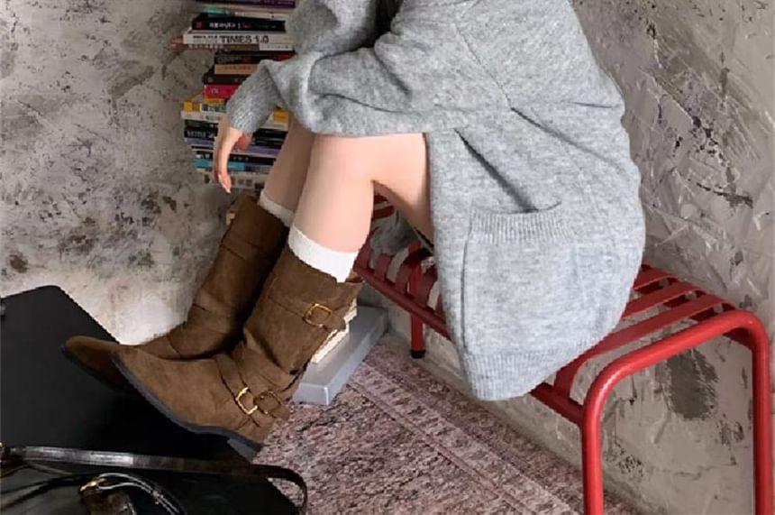 Set: Plain Cardigan + V-Neck Knit Tank Top + High Waist Mini Pencil Skirt Product Image