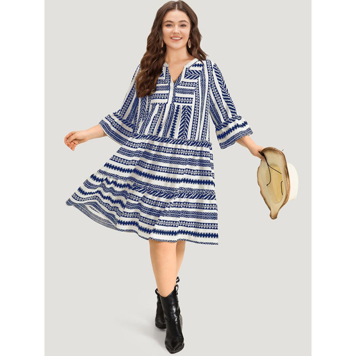 Plus Size Bandana Striped Pocket Button Detail Notched Patchwork Dress DarkBlue Women Vacation Printed V-neck Elbow-length sleeve Curvy Midi Dress BloomChic 22-24/3X Product Image