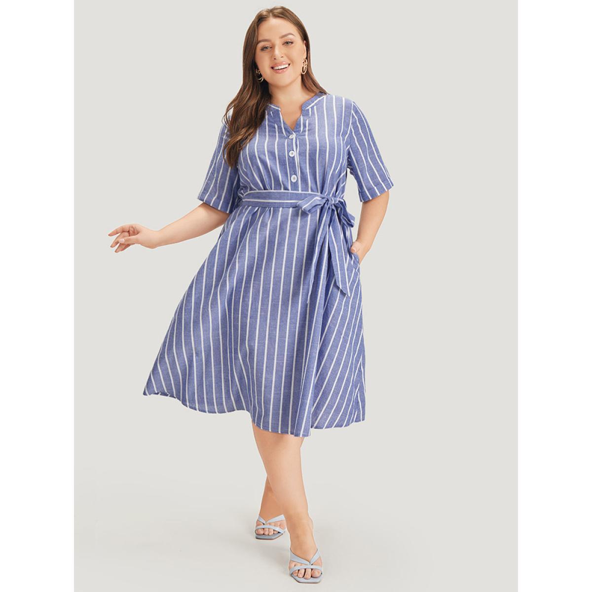 Plus Size Striped Print Belt Pocket Notched Button Up Dress Blue Women Office Cross straps Notched collar Short sleeve Curvy Midi Dress BloomChic 26/4X Product Image