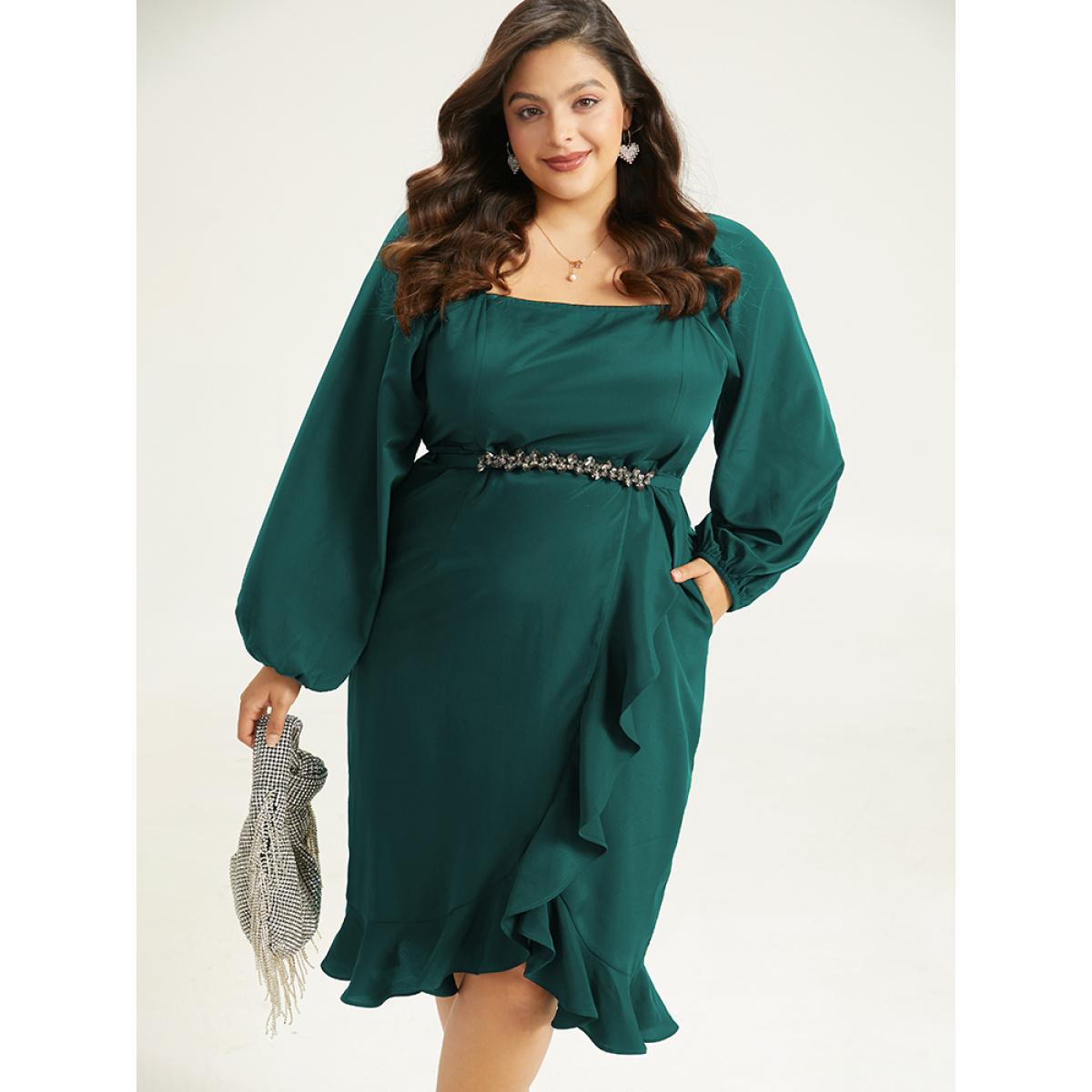 Plus Size Anti-Wrinkle Square Neck Ruffle Trim Wrap Hem Dress Teal Women Glamour Elastic cuffs Square Neck Long Sleeve Curvy Midi Dress BloomChic 14-16/1X Product Image