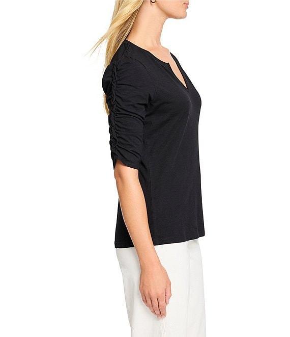 NIC + ZOE Cotton Knit Slub Split V-Neck Short Ruched Sleeve Tee Shirt Product Image