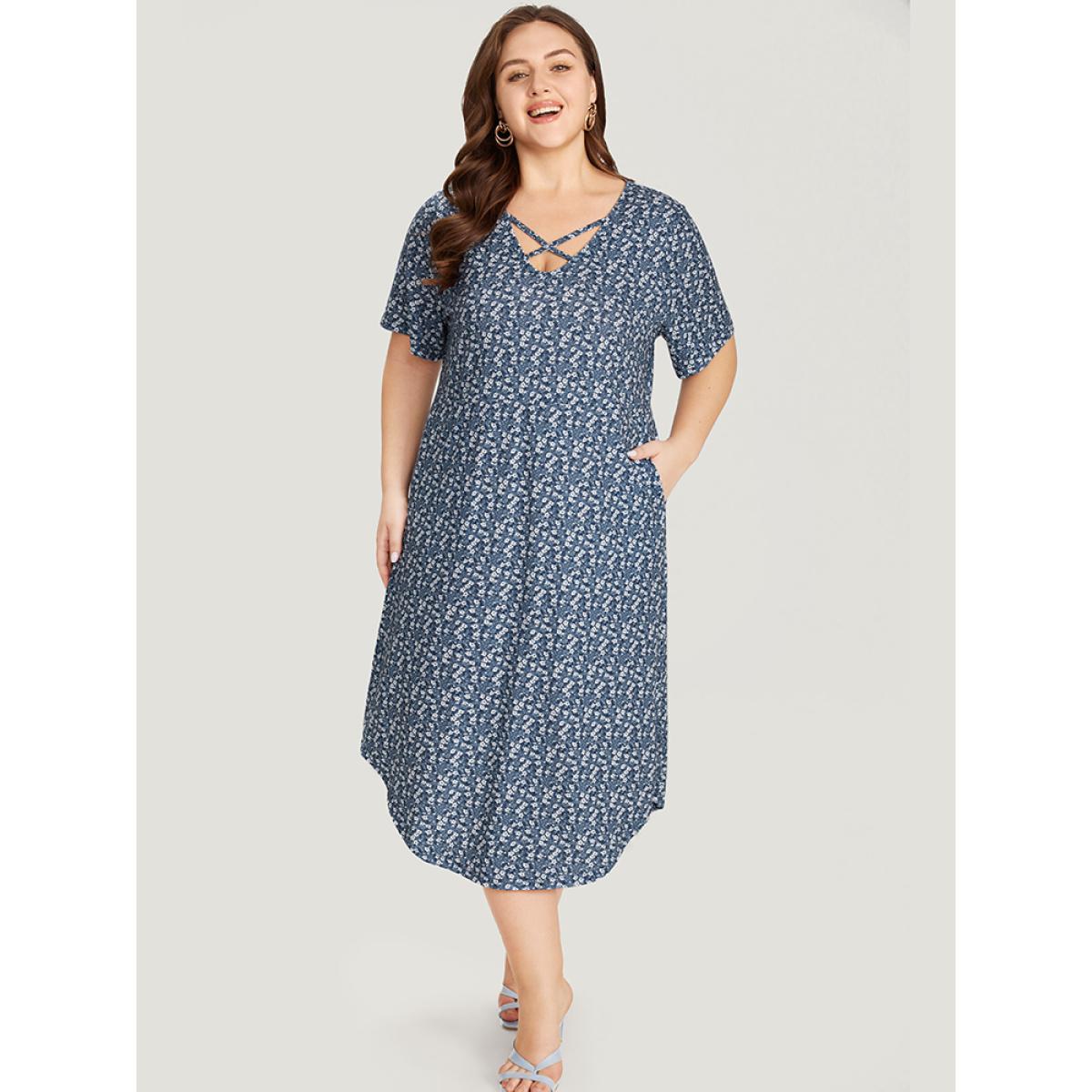 Plus Size Ditsy Floral Pocket Curved Hem Knotted Dress Stone Women Casual Arc Hem V-neck Short sleeve Curvy Midi Dress BloomChic 26/4X Product Image