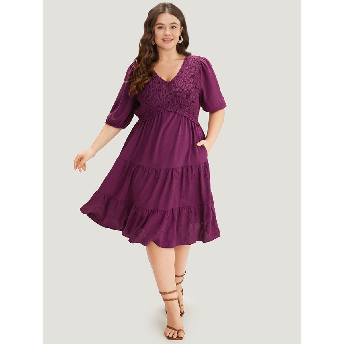 Plus Size Solid Shirred Pocket Frill Trim Layered Dress Purple Women Elegant Plain V-neck Short sleeve Curvy Midi Dress BloomChic 14-16/1X Product Image