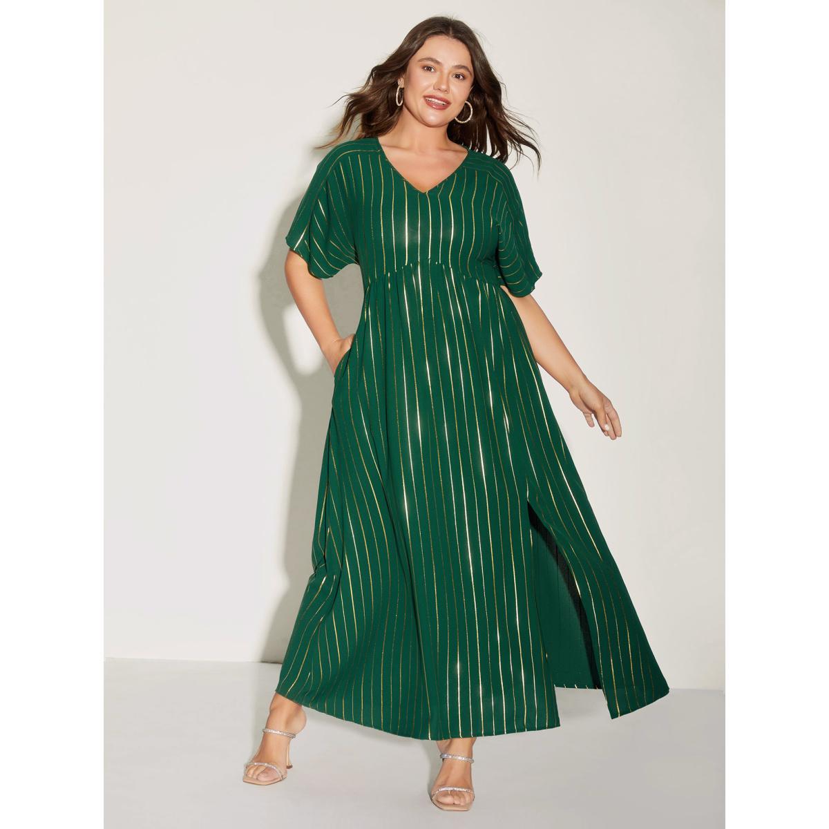 Plus Size Gold Shimmery Stripes Pockets Midi Dress DarkGreen Women V-neck Short sleeve Curvy BloomChic 30/6X Product Image