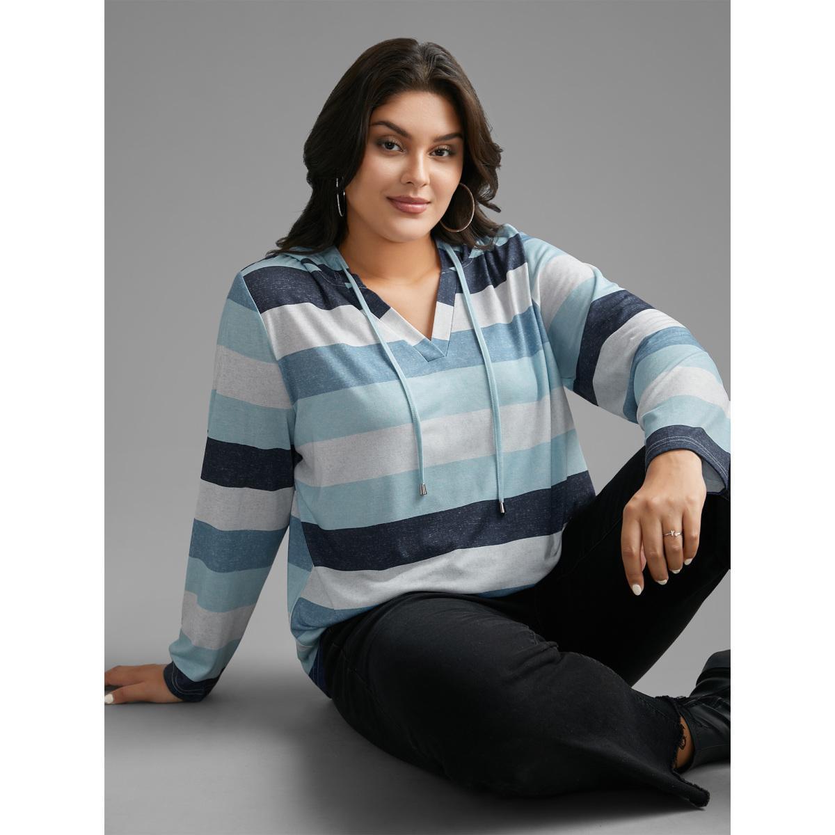 Plus Size Contrast Striped Hooded Drawstring T-shirt Aegean Women Casual Drawstring Hooded Everyday T-shirts BloomChic 26/4X Product Image