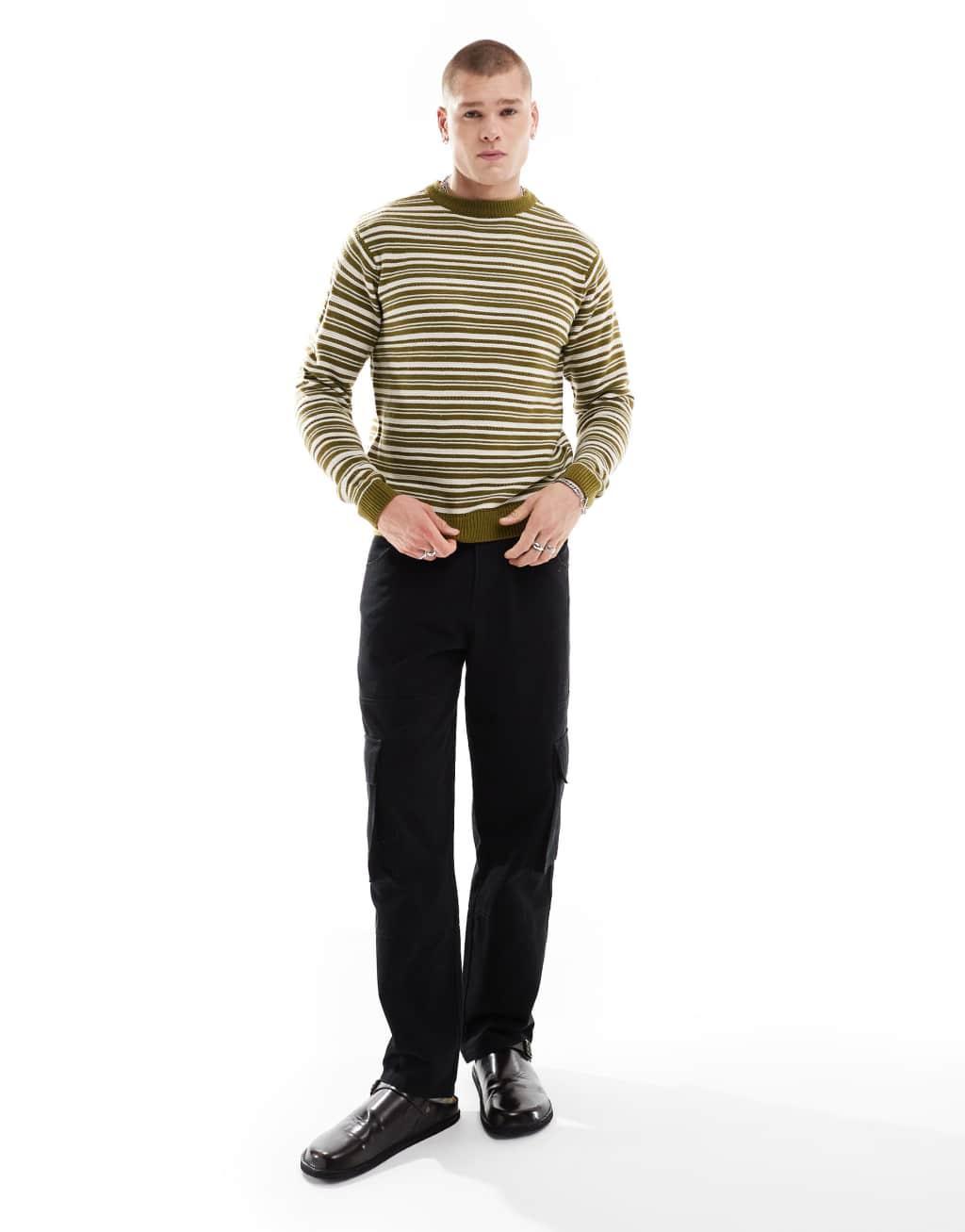 Another Influence striped round neck sweater in khaki Product Image