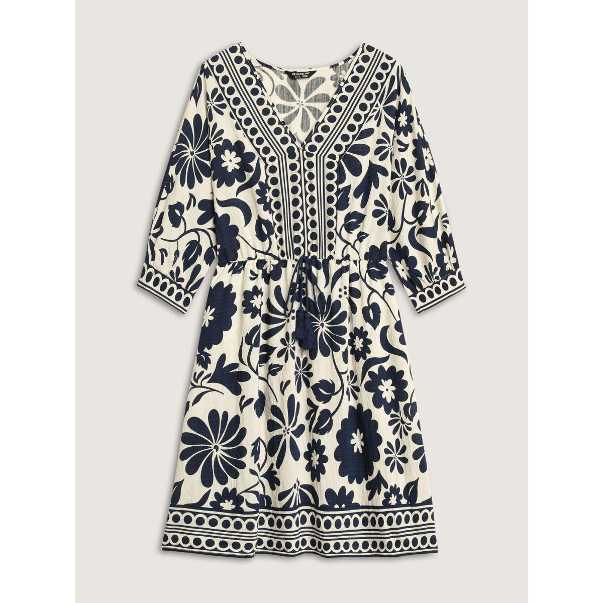 Plus Size Floral Waist-Drawstring Tassel Midi Dress Navy Women V-neck Elbow-length sleeve Curvy BloomChic 26/4X Product Image