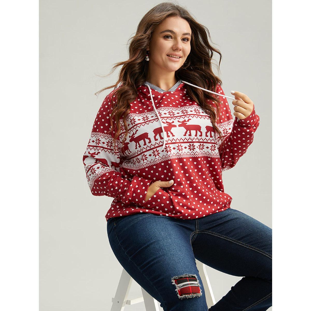 Plus Size Christmas Elk Contrast Kangaroo Pocket Hooded Sweatshirt Women Red Casual Printed Hooded Festival-Halloween Sweatshirts BloomChic 26/4X Product Image
