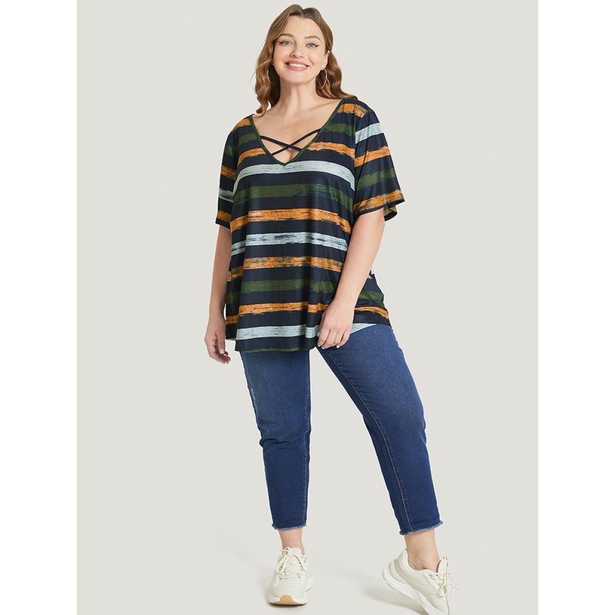 Plus Size Striped Contrast Crisscross Neck T-shirt Moss Women Casual Striped V-neck Dailywear T-shirts BloomChic 18-20/2X Product Image