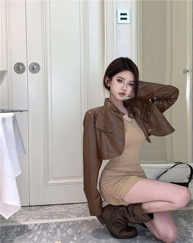 Long Sleeve V-Neck Plain Ruched Mini Sheath Dress / Band Collar Plain Faux Leather Crop Button Jacket Product Image