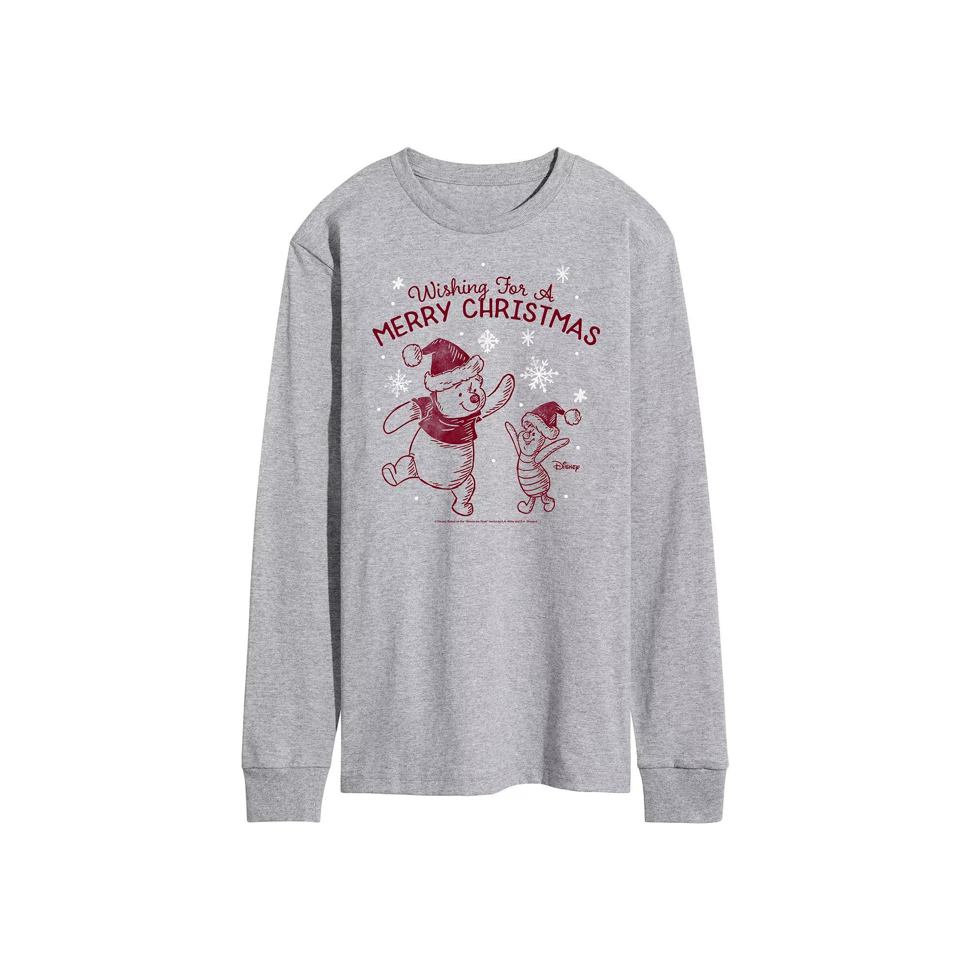 Disney's Winnie The Pooh Men's Merry Christmas Long Sleeve Graphic Tee, Size: XL, Grey Gray Product Image