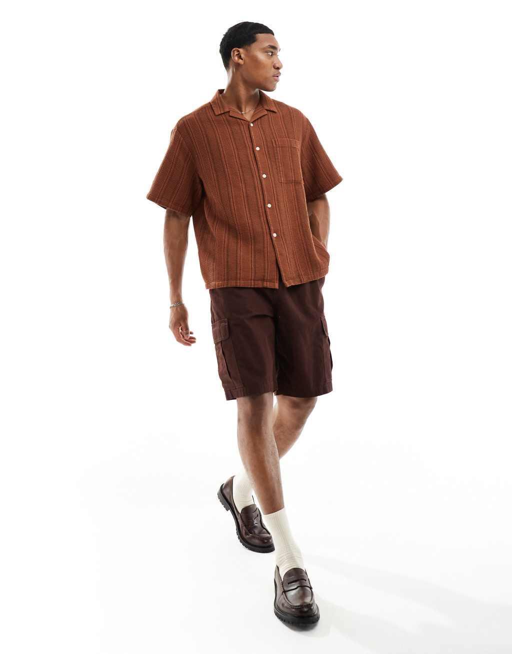 ASOS DESIGN oversized revere striped shirt in brown Product Image