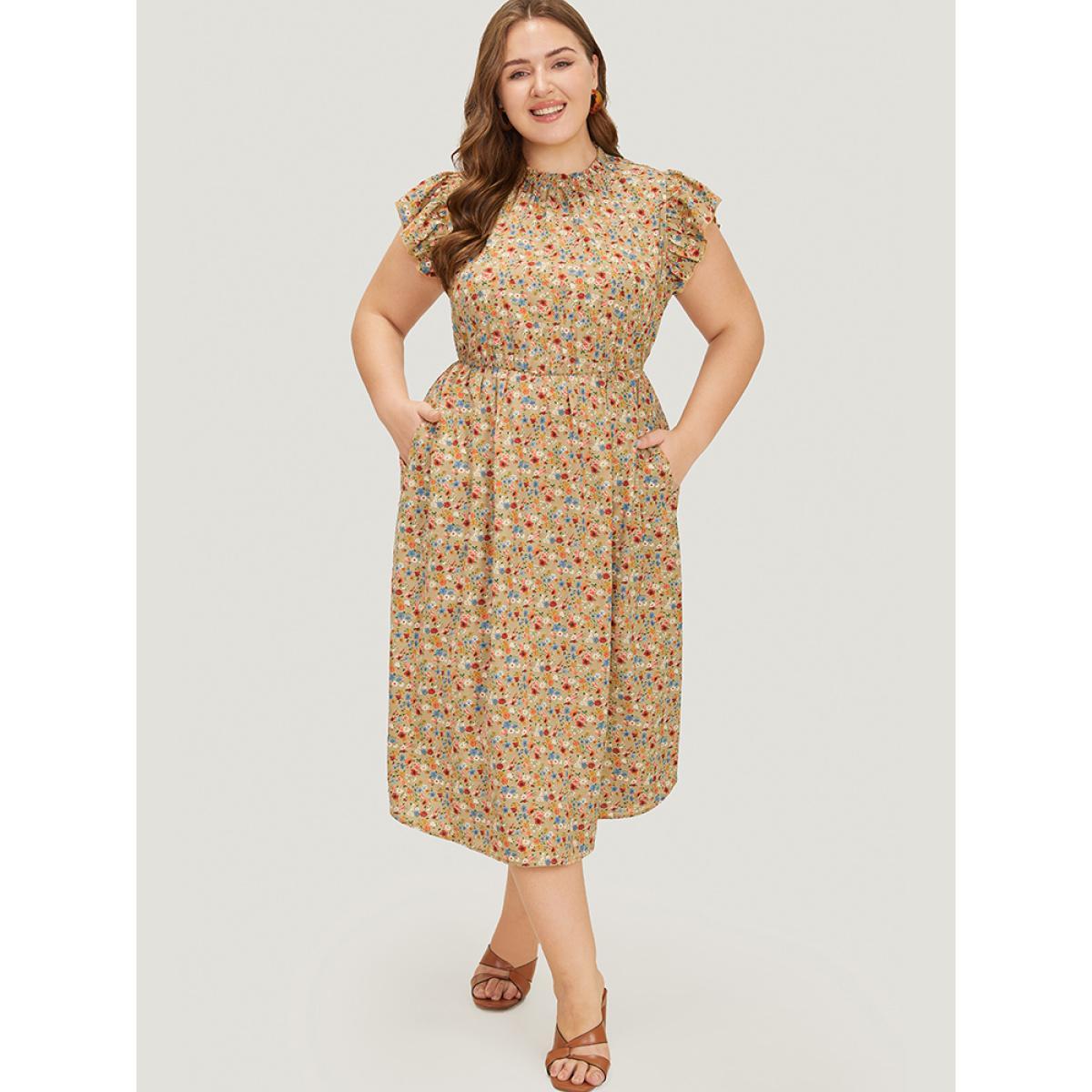 Plus Size Ditsy Floral Ruffle Sleeve Pocket Frill Trim Mock Neck Dress Tan Women Elegant Pocket Mock Neck Half Sleeve Curvy Midi Dress BloomChic 10/M Product Image
