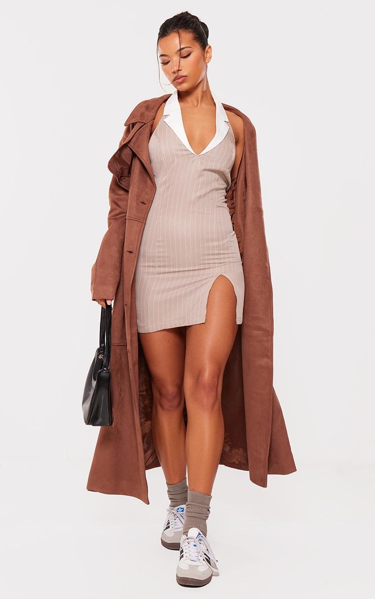 Stone Tailored Woven Pin Stripe Contrast Collar Bodycon Dress Product Image