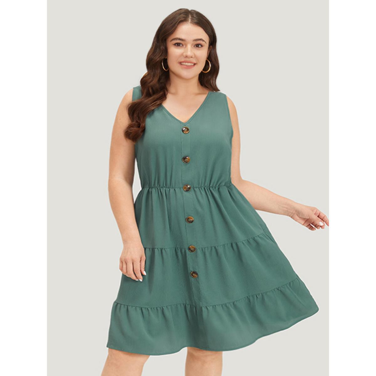 Plus Size Plain Button Detail Ruffle Layered Hem Gathered Tank Dress Teal Women Elegant Patchwork V-neck Sleeveless Curvy Knee Dress BloomChic 22-24/3X Product Image