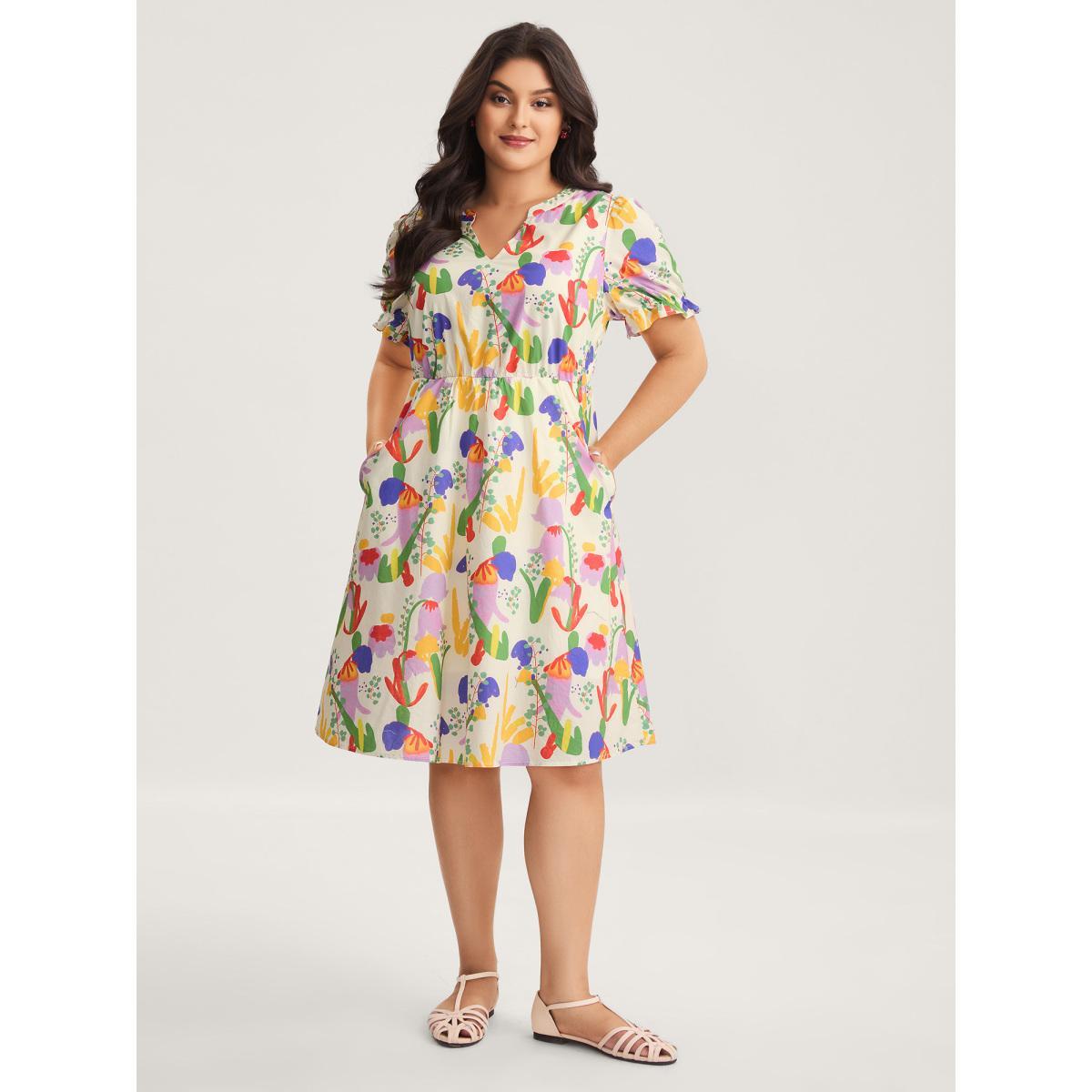 Plus Size Pure Cotton Floral Dream Midi Dress Ivory Women Notched collar Short sleeve Curvy BloomChic 30/6X Product Image