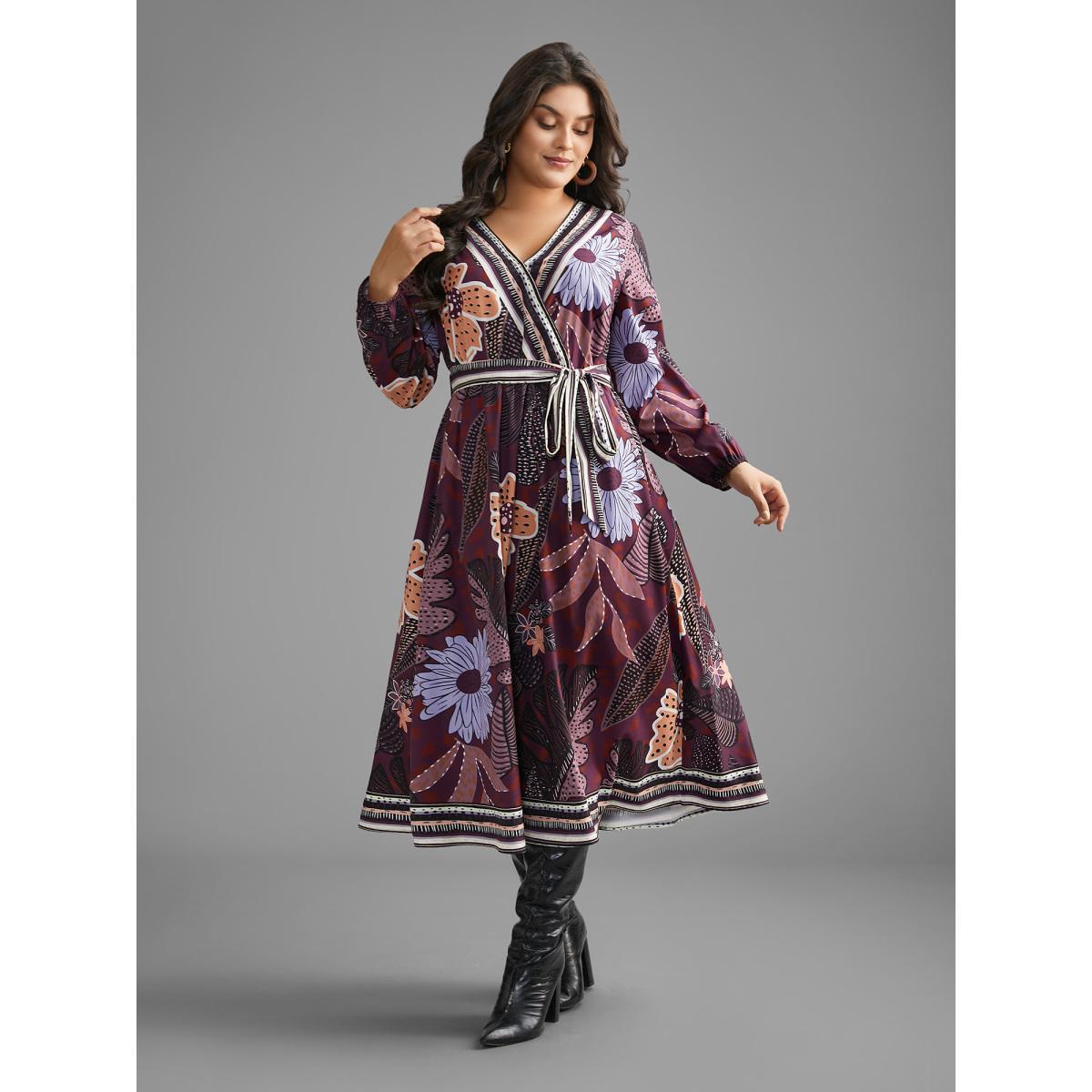 Plus Size Boho Print Belted Lantern Sleeve Dress Deeppurplered Women Resort Belted Overlap Collar Long Sleeve Curvy BloomChic 12/L Product Image