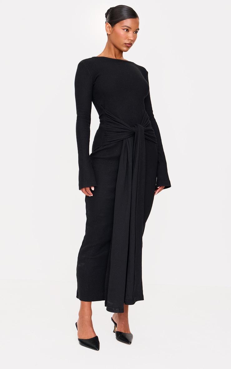 Black Heavy Brushed Rib Wrap Tie Maxi Dress Product Image