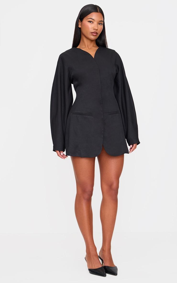 Black Woven Balloon Sleeve Collarless Blazer Dress Product Image