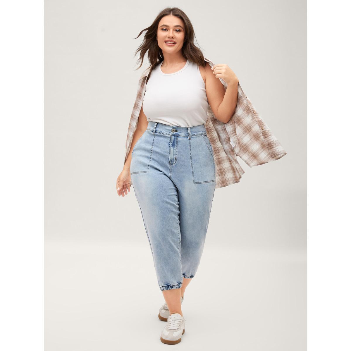 Plus Size Stretchy Waist Boyfriend Jeans Women Midblue Medium stretch Slanted pocket Jeans BloomChic 12/L Product Image