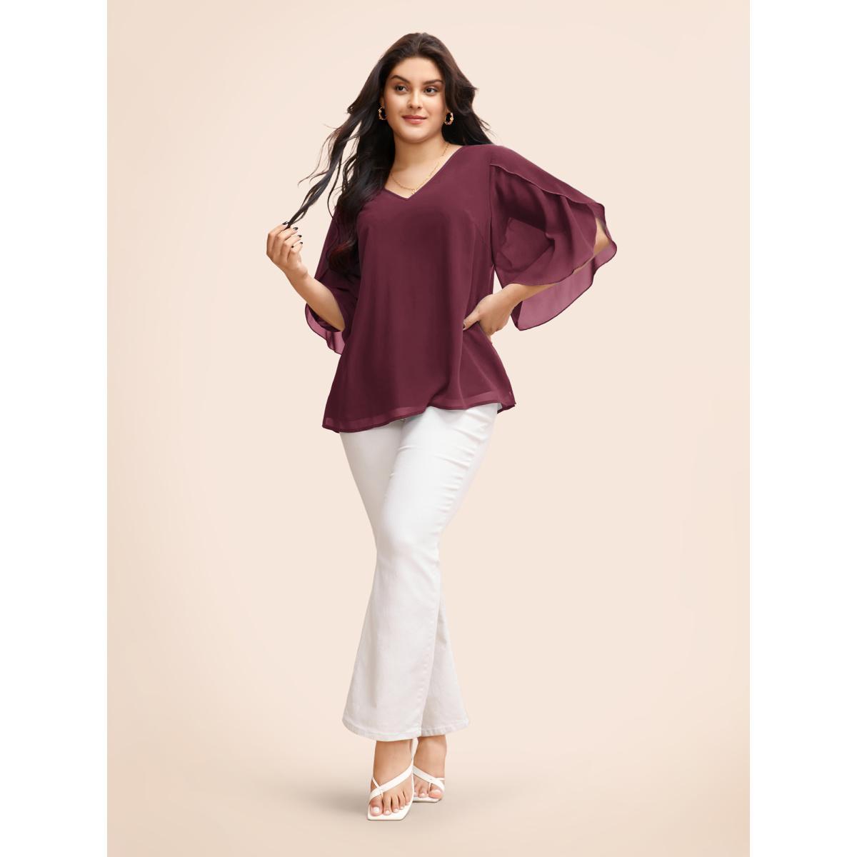 Plus Size Burgundy Chiffon Gathered Petal Sleeve Blouse Women Elegant Elbow-length sleeve V-neck Everyday Blouses BloomChic 12/L Product Image
