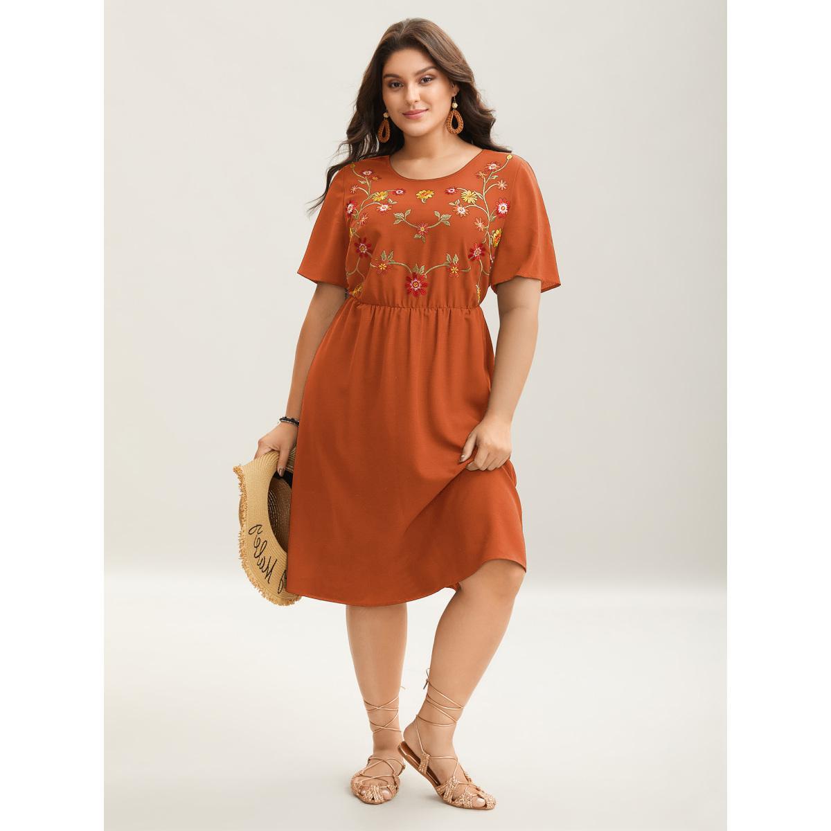Plus Size Floral Embroidered Waist-Cinched Midi Dress Brightorange Women Round Neck Short sleeve Curvy BloomChic 12/L Product Image