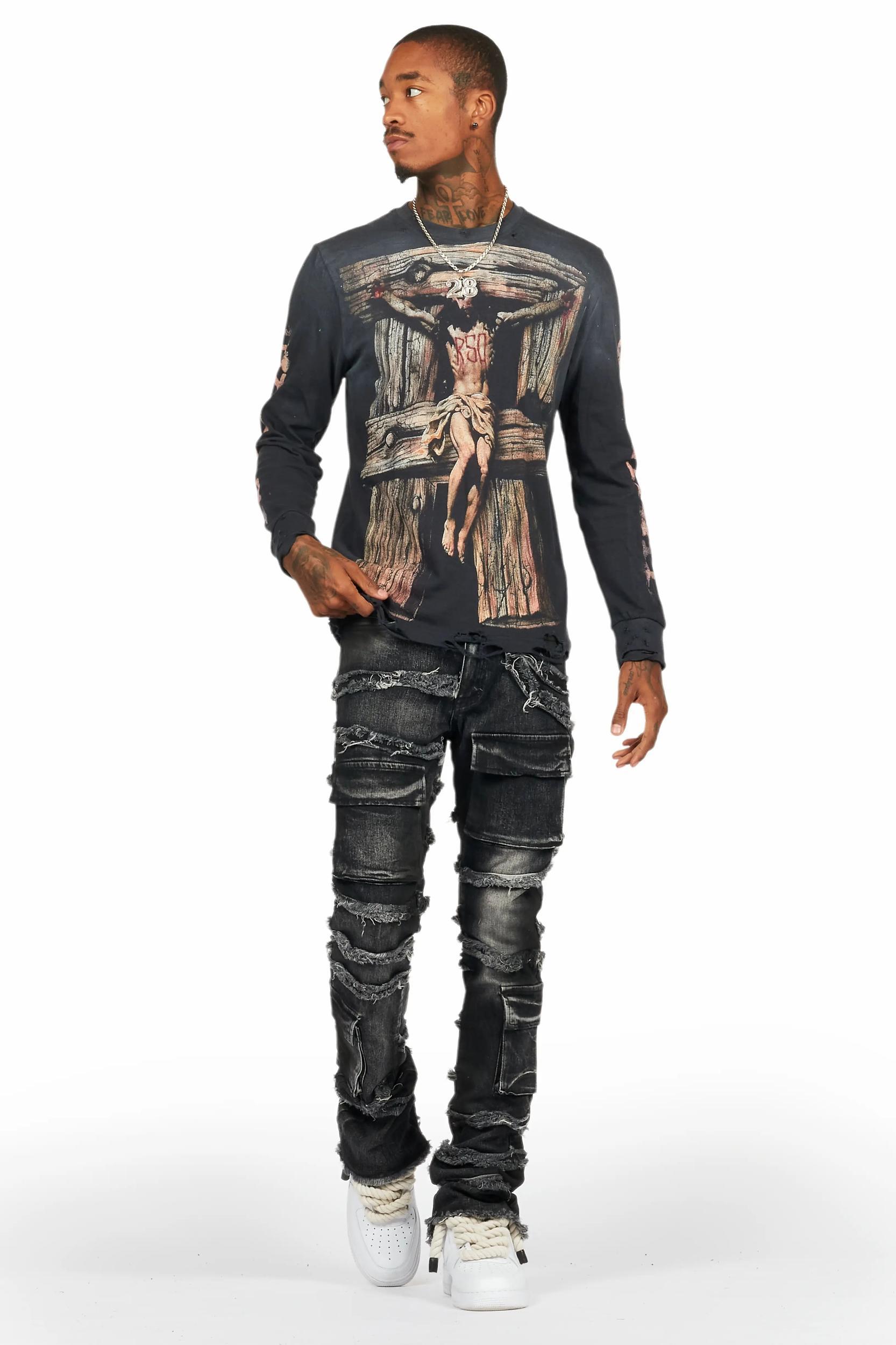 Yves Black Stacked Flare Cargo Jean Male Product Image
