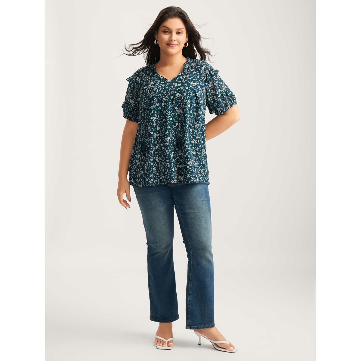 Plus Size Aegean Delicate Florals Ruffled Tiered Sleeve Blouse Women Short sleeve Round Neck Vacation Blouses BloomChic 28/5X Product Image