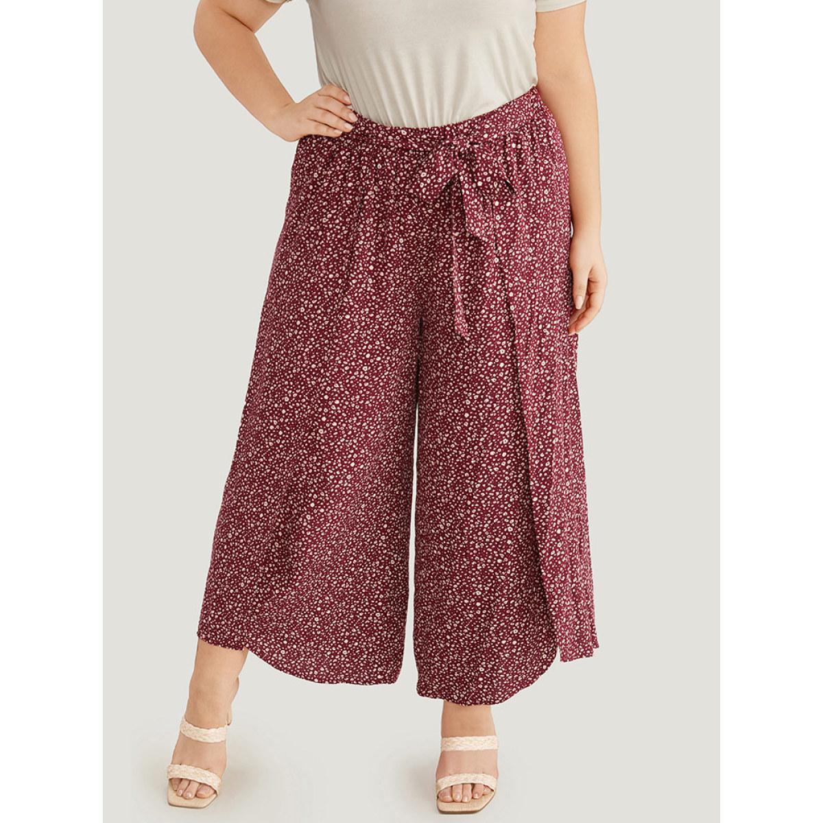 Plus Size Leopard Print Ties Wrap Hem Wide Leg Pants Women Burgundy Vacation Wide Leg High Rise Dailywear Pants BloomChic 26/4X Product Image