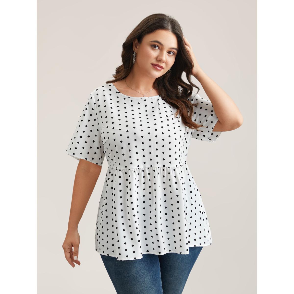 Plus Size Originalwhite Polka Dot Button-Back Flared Shirt Women Elegant Short sleeve Round Neck Everyday Blouses BloomChic 14-16/1X Product Image