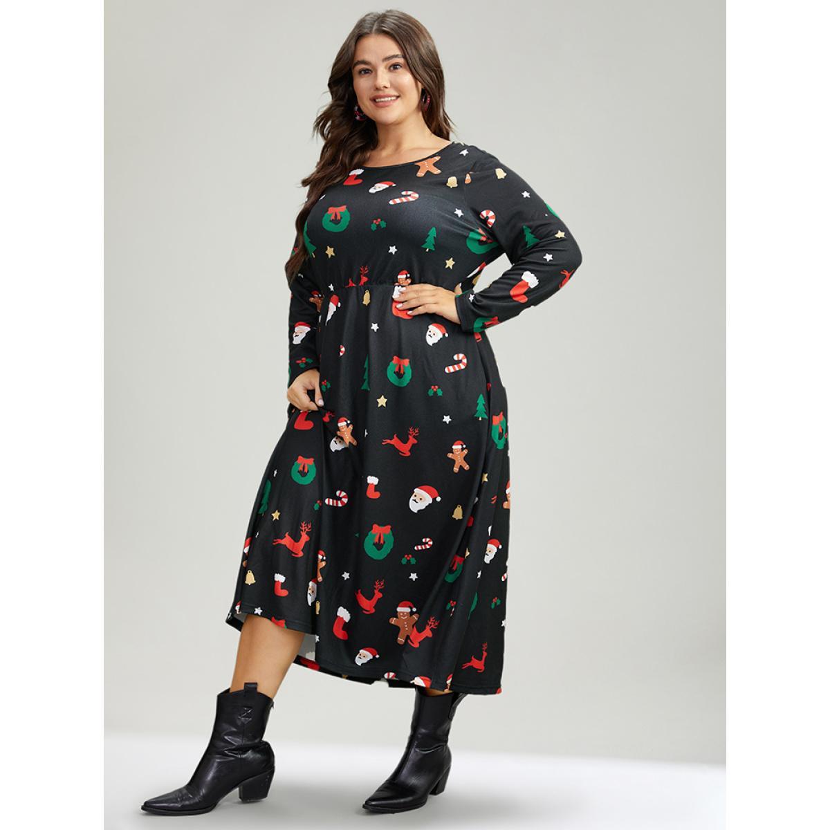 Plus Size Christmas Print Pocket Elastic Waist Dress Multicolor Women Casual Printed Round Neck Long Sleeve Curvy Midi Dress BloomChic 18-20/2X Product Image