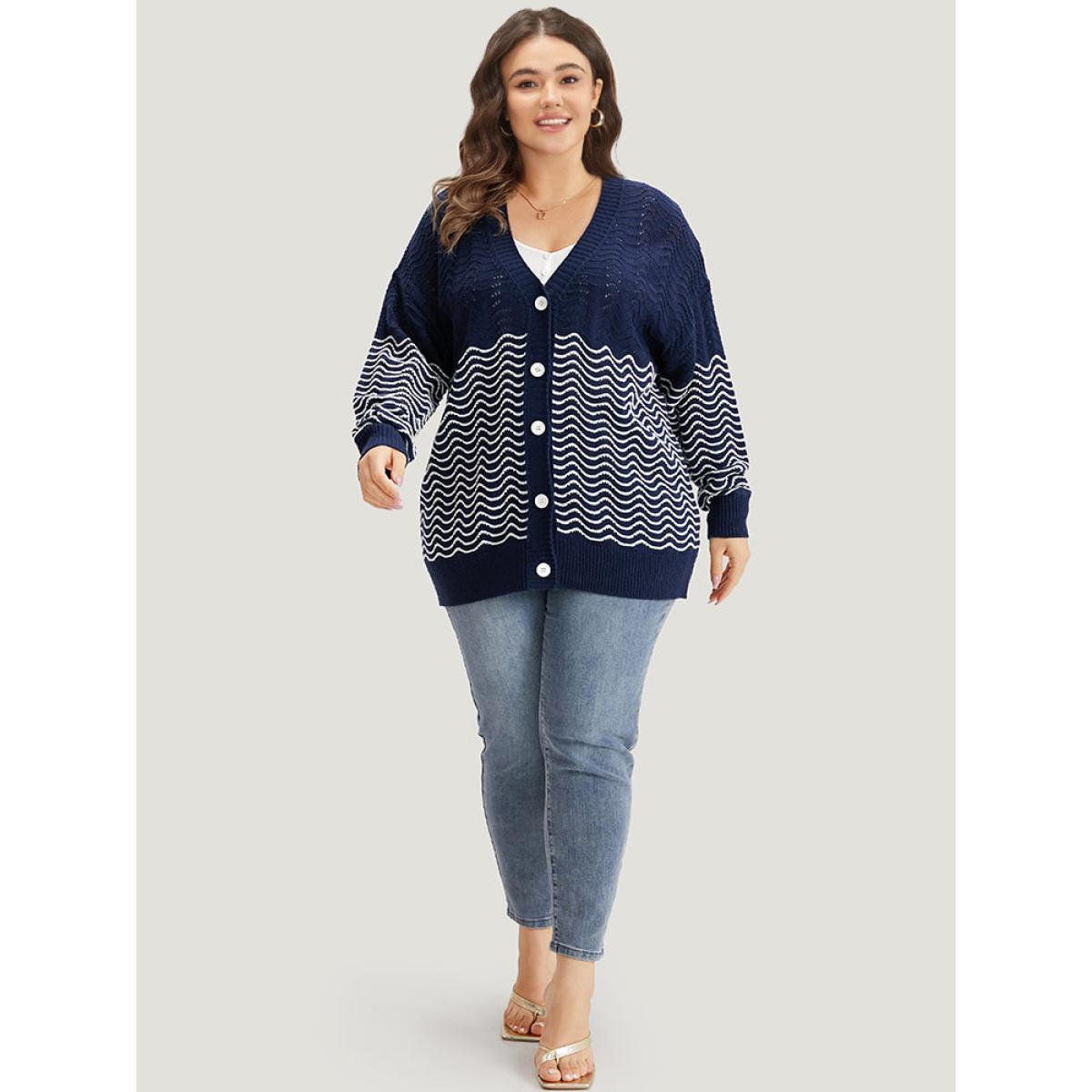 Plus Size Water Ripple Button Fly Elastic Cuffs Cardigan DarkBlue Women Casual Loose Long Sleeve Dailywear Cardigans BloomChic 22-24/3X Product Image