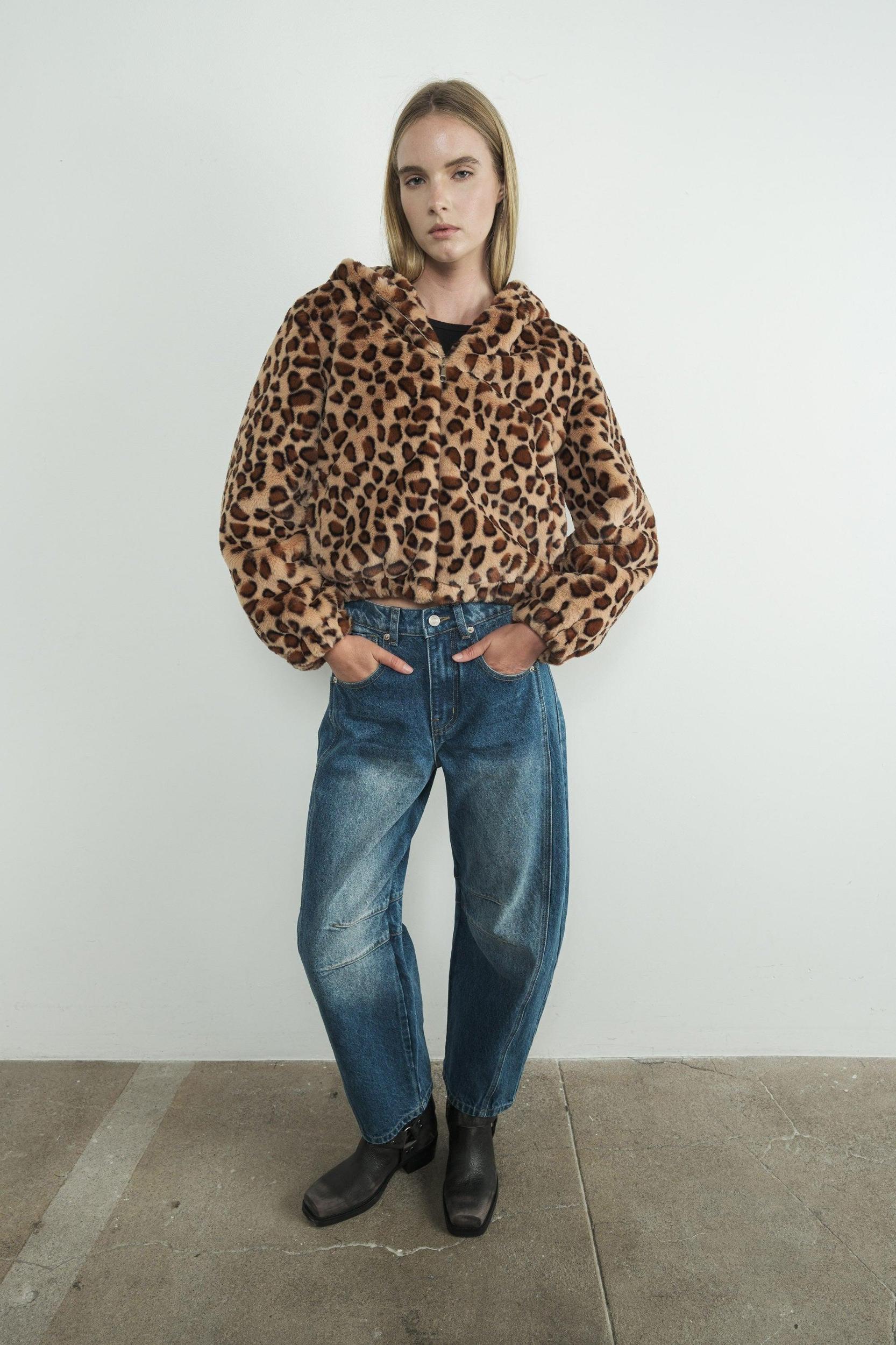 LEOPARD PRINT FUR ZIP UP HOODIE Product Image