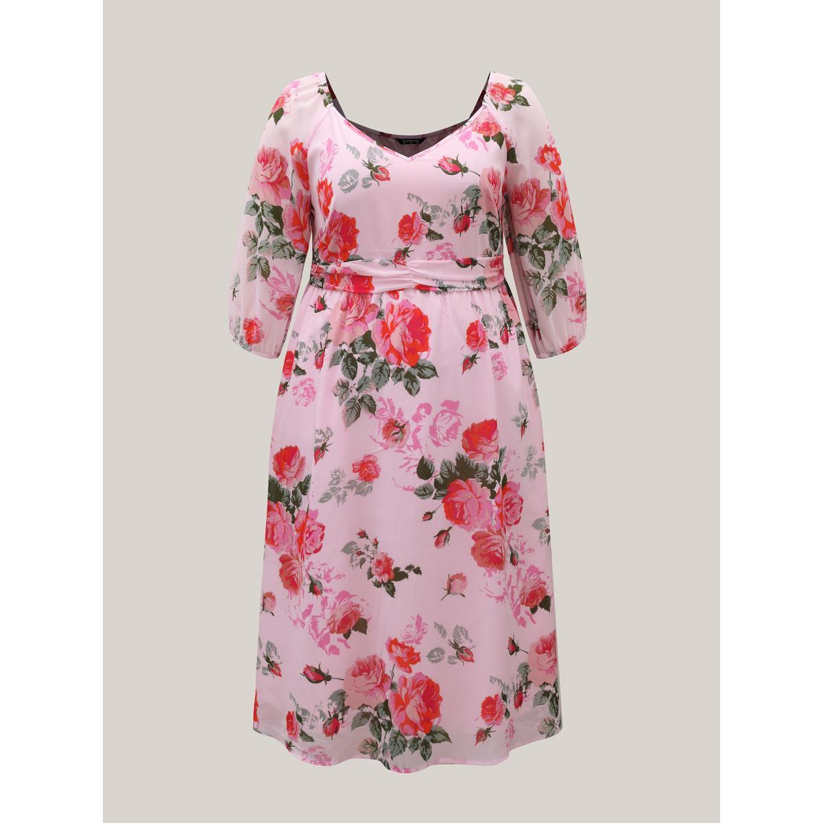 Plus Size Rosy Print Pockets Pleated Midi Dress MistyRose Women Elegant Gathered V-neck Elbow-length sleeve Curvy BloomChic 10/M Product Image