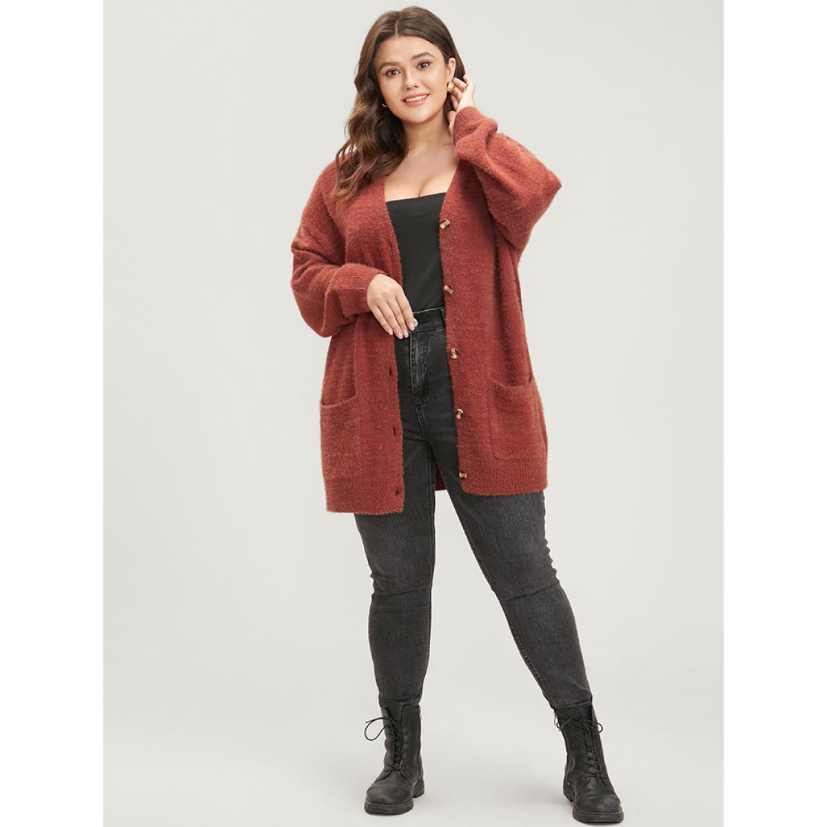Plus Size Solid Pointelle Knit Pocket Button Front Heather Cardigan Maroon Women Casual Loose Long Sleeve Dailywear Cardigans BloomChic 14-16/1X Product Image