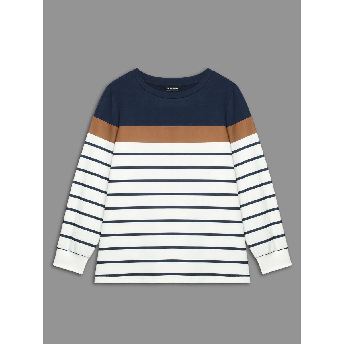 Plus Size Striped Contrast Round Neck Sweatshirt Women Midnight Casual Contrast Loose Round Neck Everyday Sweatshirts BloomChic 18-20/2X Product Image