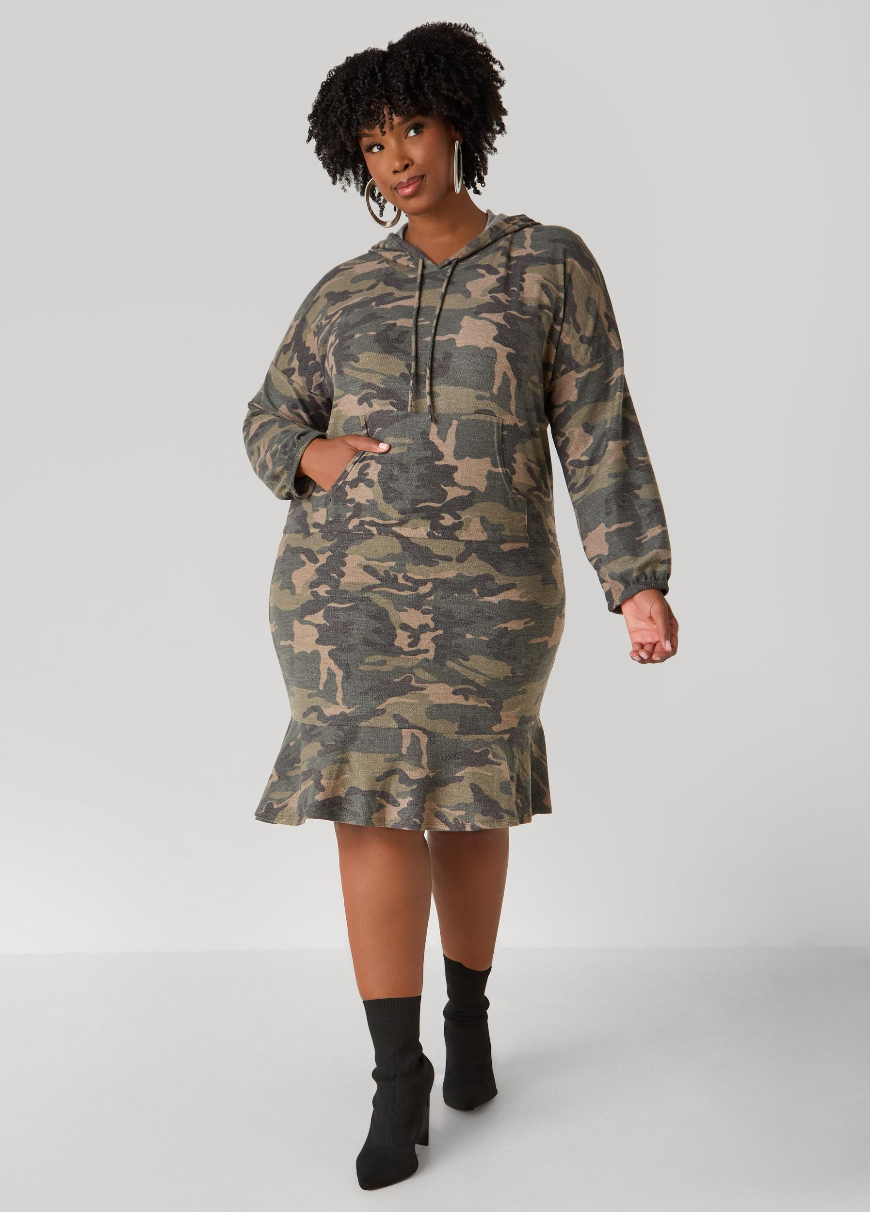 Flounced Camo Print Hoodie Dress Product Image