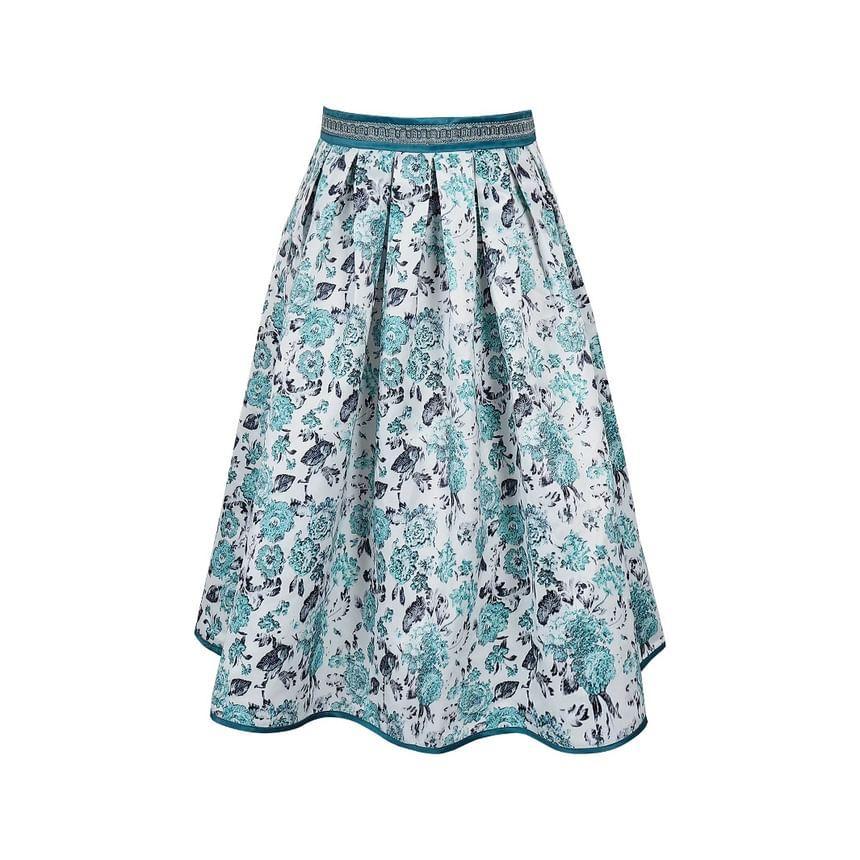 High Waist Midi Floral Print Pleated A-Line Skirt Product Image