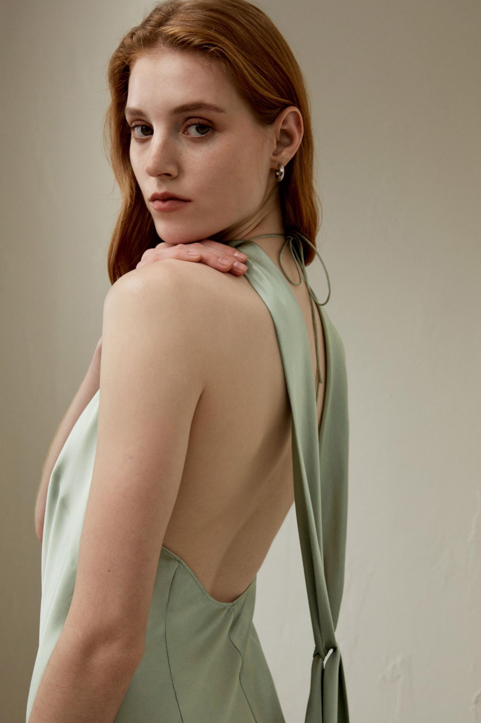 Halter Neck Open Back Silk Dress Product Image