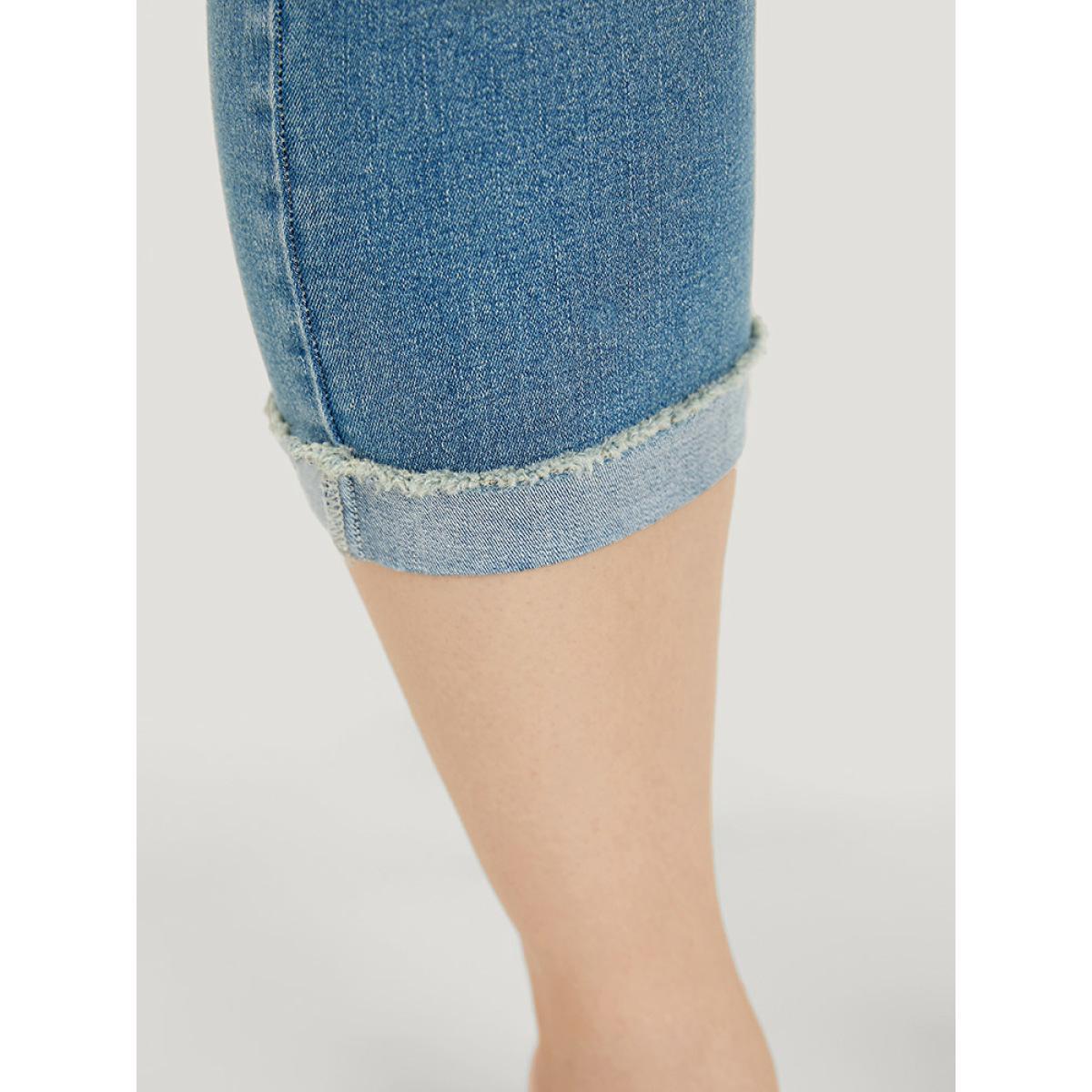 Plus Size Very Stretchy High Rise Medium Wash Roll Hem Cropped Jeans Women Cerulean Casual Plain High stretch Pocket Jeans BloomChic 28/5X Product Image