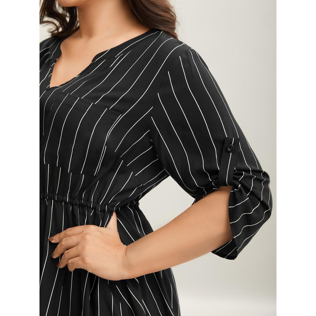 Plus Size Black Striped Waist-Tie Pockets Blouse Women At the Office Elbow-length sleeve Notched collar Work Blouses BloomChic 30/6X Product Image
