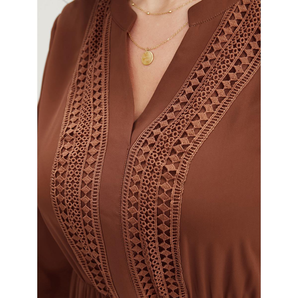 Plus Size Solid V Neck Pocket Contrast Lace Ruffle Hem Dress Russet Women Office Patchwork V-neck Long Sleeve Curvy Midi Dress BloomChic 18-20/2X Product Image