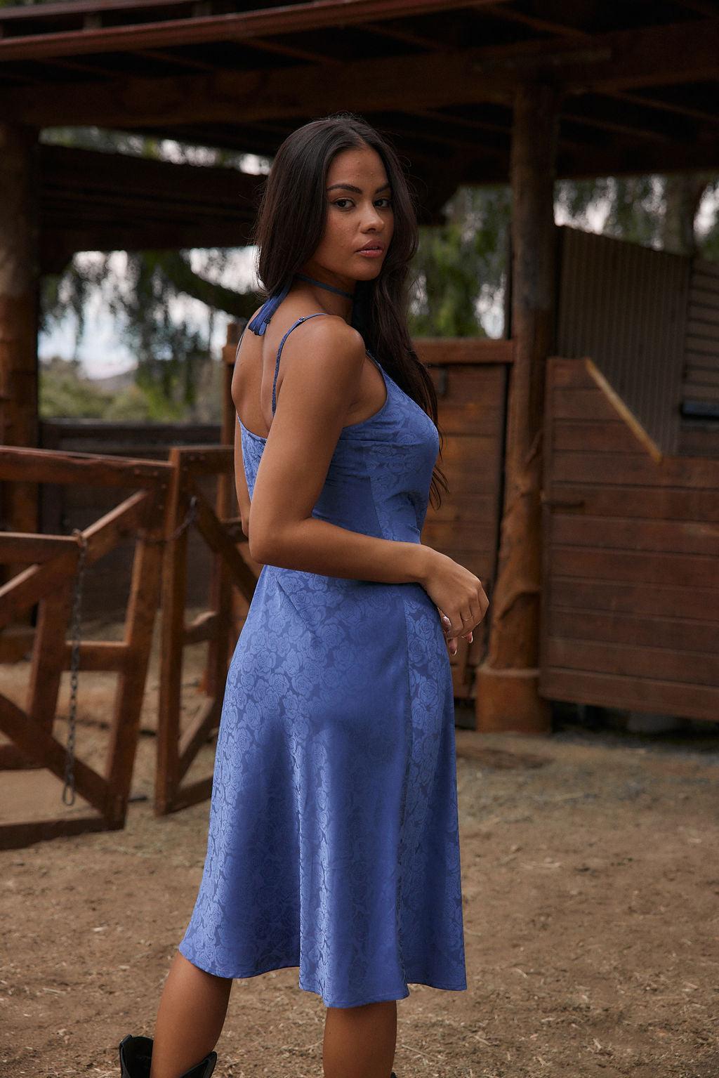 Aubrey Blue Satin Jacquard Midi Dress Product Image