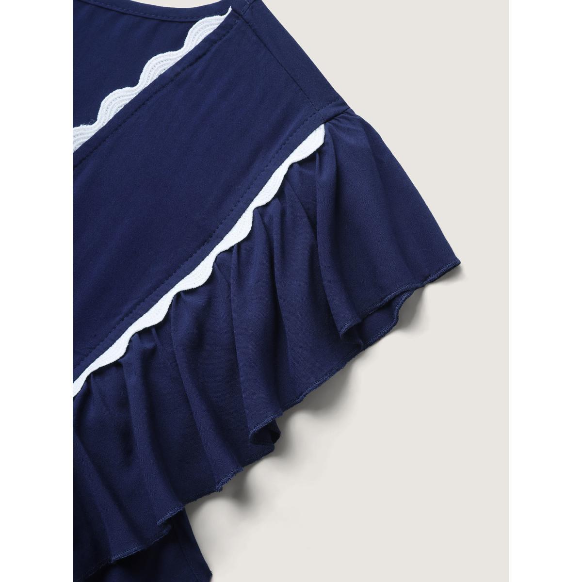 Plus Size Rayon Collar Ribbon Contrast Pockets Midi Dress Indigo Women V-neck Cap Sleeve Curvy BloomChic 26/4X Product Image