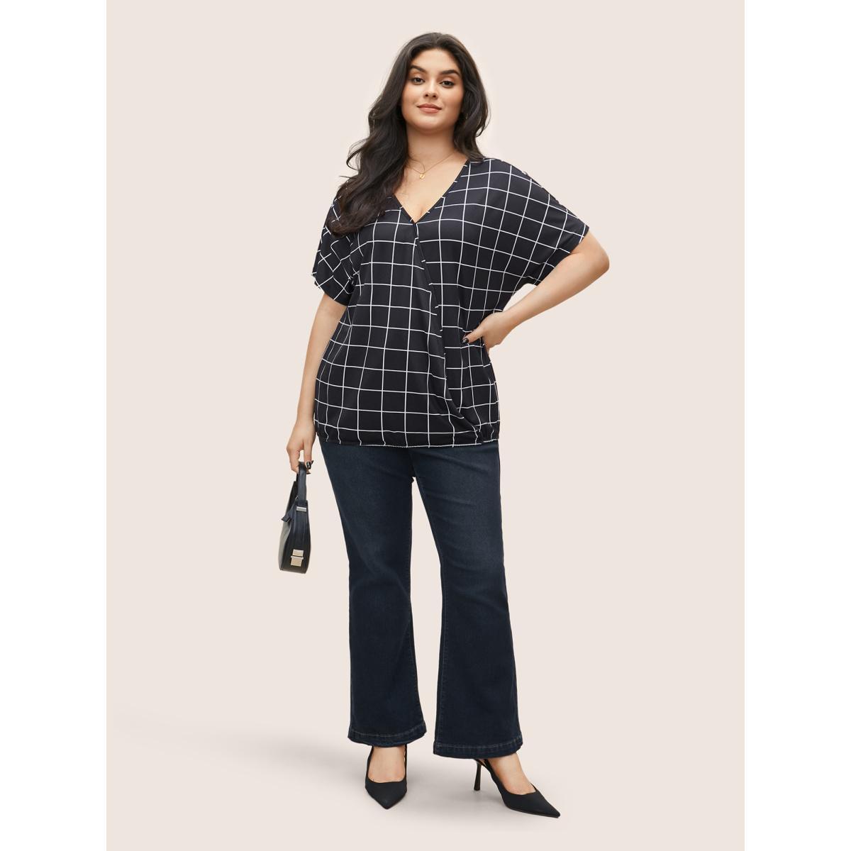 Plus Size Plaid Surplice Neck Batwing Sleeve T-shirt Black Women Work From Home Overlapping Plaid Overlap Collar Work T-shirts BloomChic 12/L Product Image