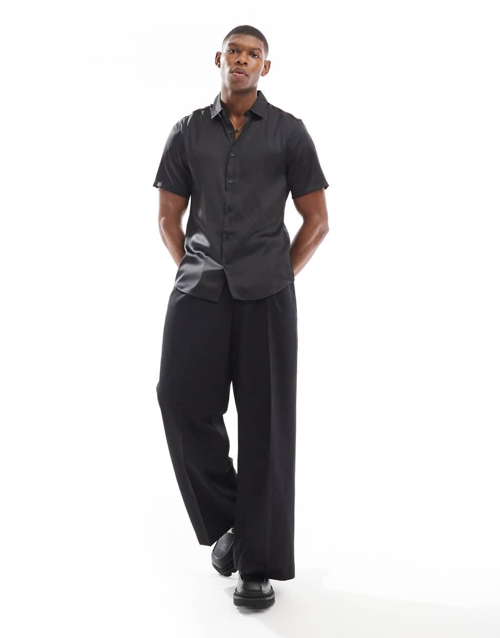 ASOS DESIGN skinny satin shirt in black Product Image