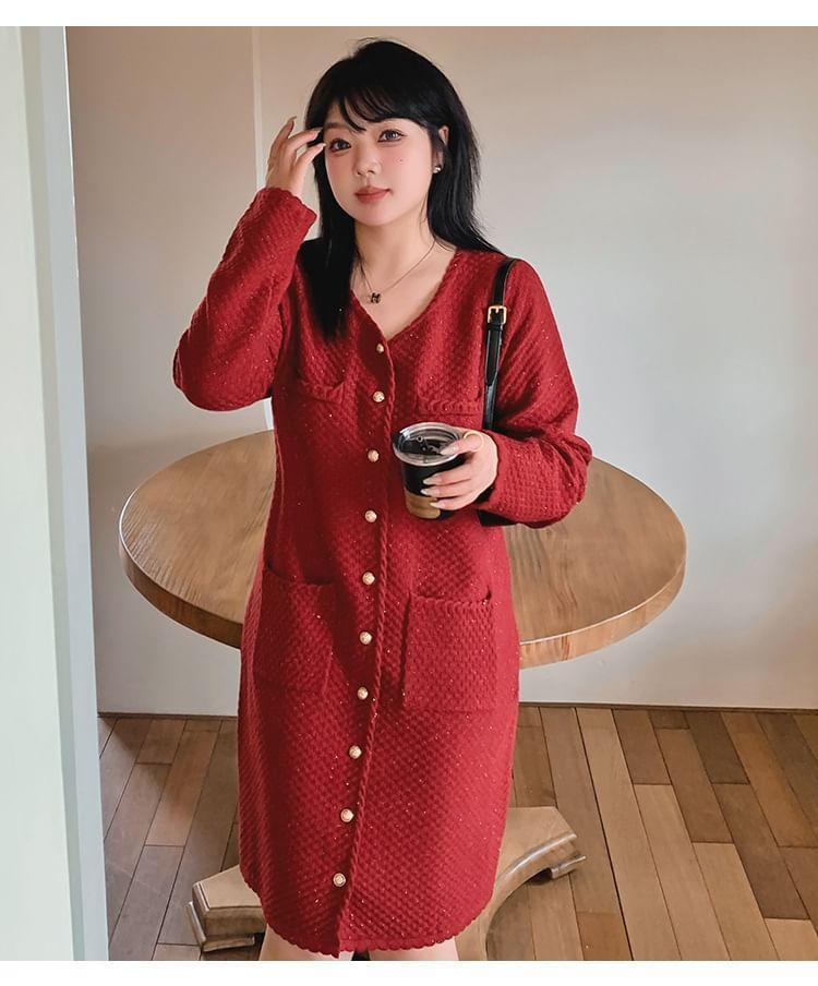 Long Sleeve V-Neck Plain Glitter Button Knit Midi A-Line Dress Product Image